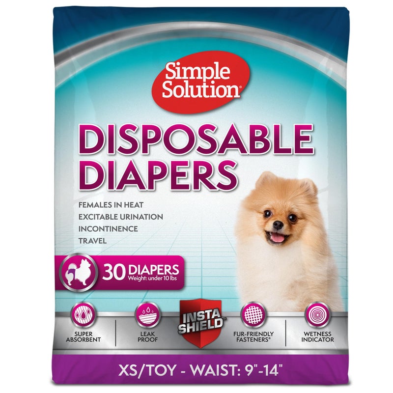 Simple Solution Disposable Dog Diapers, Female Dog Diapers, Puppy Potty Training, Incontinence and Heat Cycle Protection, Extra Small Diapers for Dogs, 9-14 Inch Waist, 30 Count - Image 1